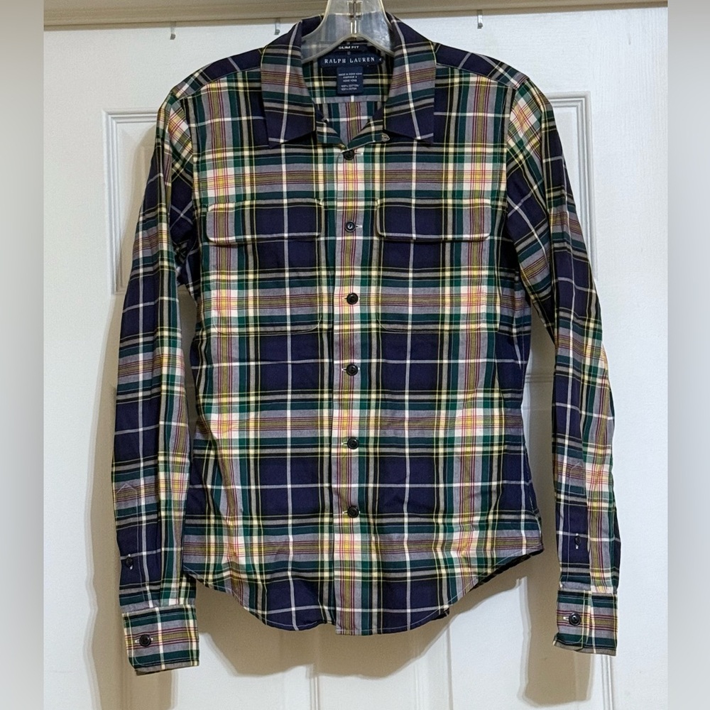 Ralph Lauren Women’s Navy and Green Plaid Slim Fit Shirt